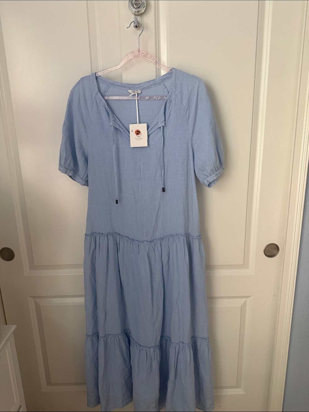 Peserico Light Blue Tie-Neck Tiered Maxi Dress